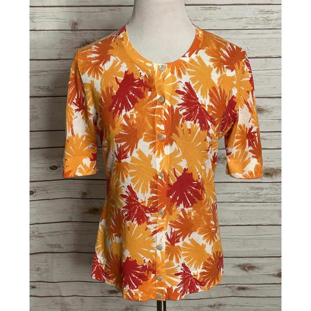 Lafayette 148 New York artsy orange/red short sleeve cardigan sweater Size M